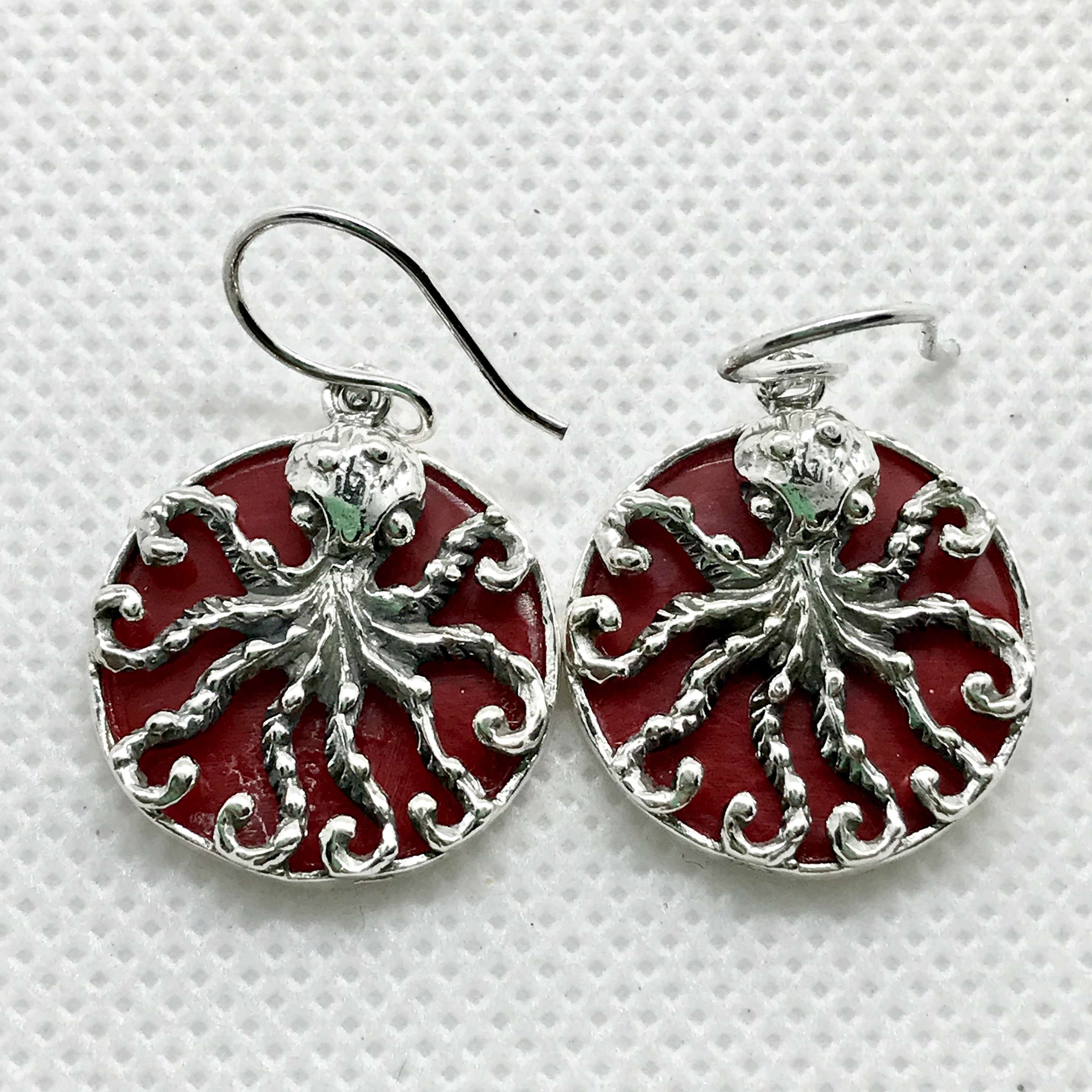 BALI 925 STERLING SILVER OCTOPUS EARRINGS WITH CORAL