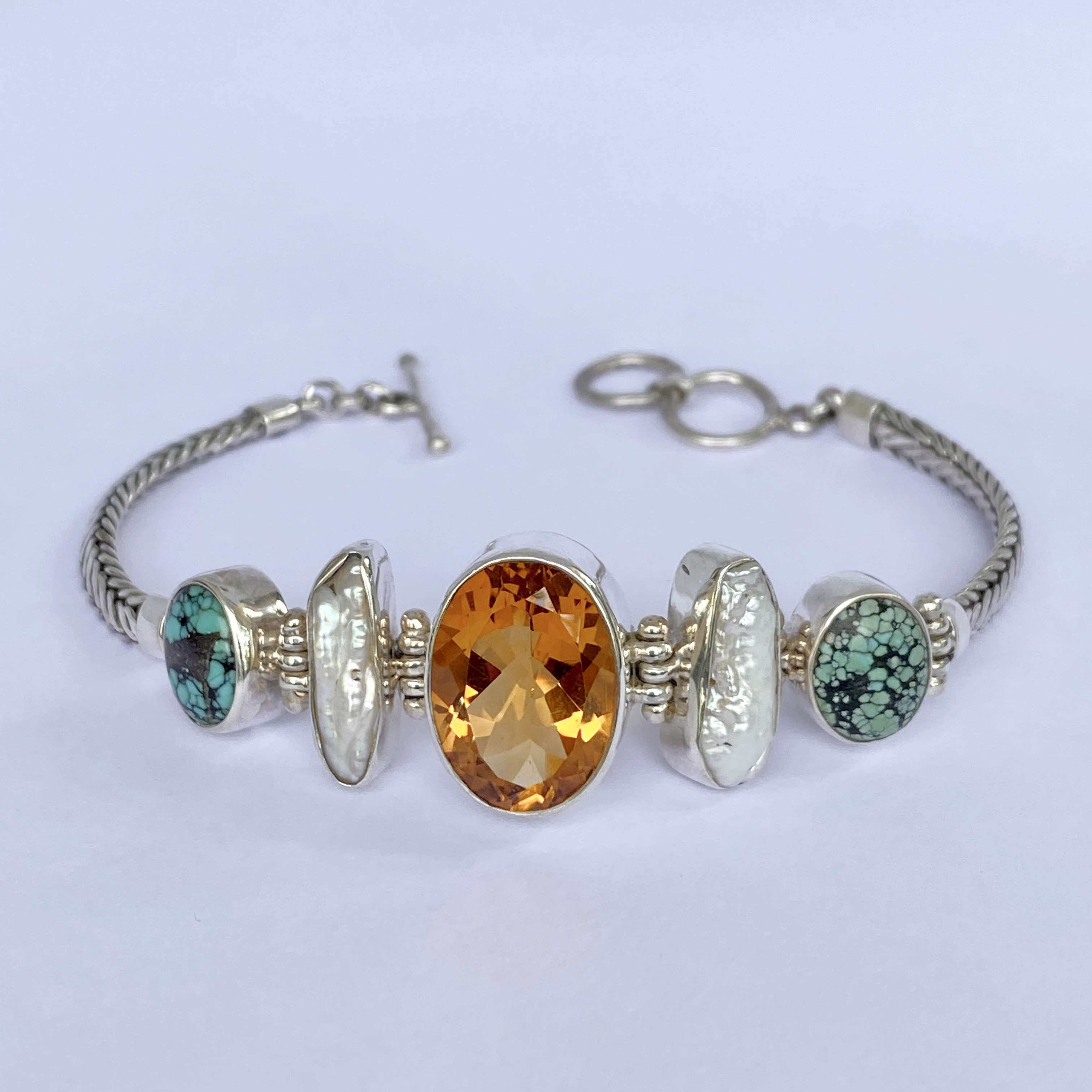 (HANDMADE 925 BALI SILVER CHAIN BRACELET WITH MIX GEMSTONES)