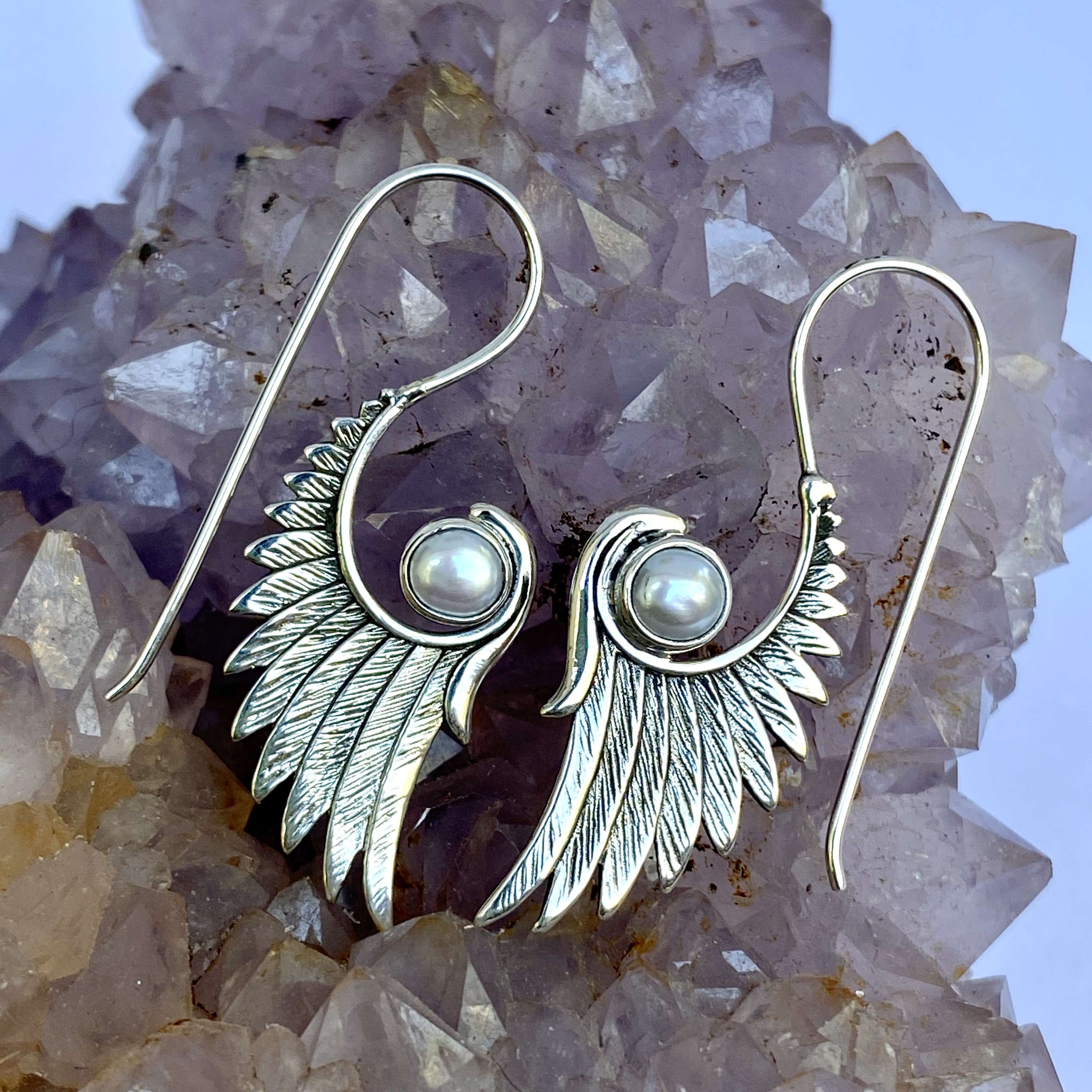 (HANDMADE 925 BALI SILVER ANGEL WINGS EARRINGS WITH PEARL)