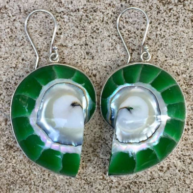 ER 06496 DG-(925 BALI SILVER EARRINGS WITH GREEN ENAMEL NAUTILUS SHELL)