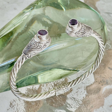 BR 15176 AM-(HANDMADE 925 BALI STERLING SILVER HINGE BRACELETS WITH AMETHYST)