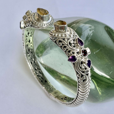 BR 15191 MIX-(HANDMADE 925 BALI STERLING SILVER HINGE BRACELETS WITH MIX STONES)