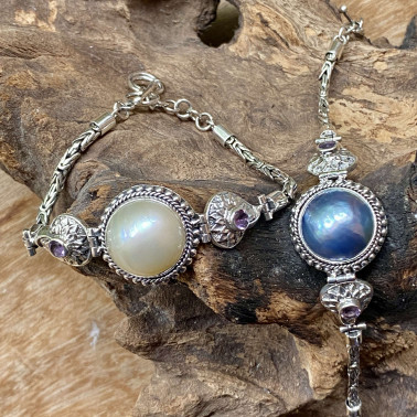 BR 15246 WPL-(HANDMADE 925 BALI SILVER FILIGREE BRACELETS WITH MABE PEARL)