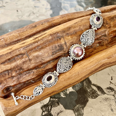 BR 15634 PPL-(HANDMADE 925 BALI SILVER FILIGREE BRACELETS WITH PINK MABE PEARL)
