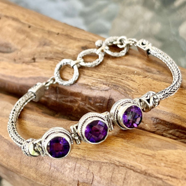 BR 15645 AM-(HANDMADE 925 BALI SILVER FILIGREE BRACELETS WITH AMETHYST)