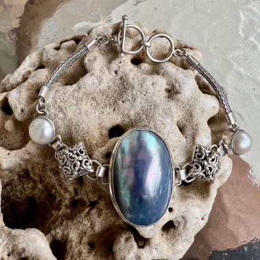 BR 15983 NT-(925 BALI SILVER FILIGREE BRACELETS WITH NAUTILUS AND PEARL)