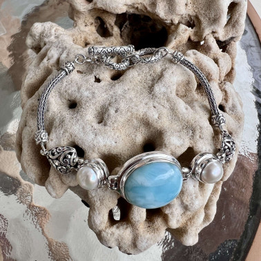 BR 15984 LR-(925 BALI SILVER FILIGREE BRACELETS WITH LARIMAR AND PEARL)