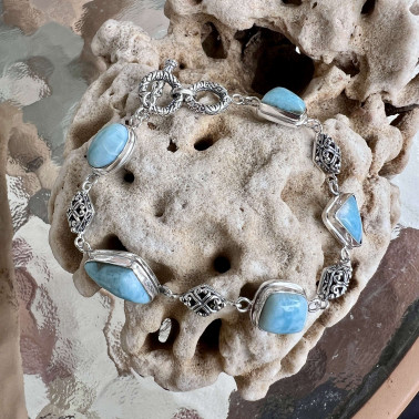 BR 15985 LR-(925 BALI SILVER FILIGREE BRACELETS WITH LARIMAR AND PEARL)