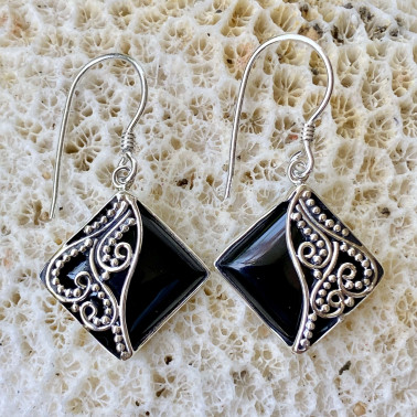 ER 08511 OX-(Handmade Unique 925 Bali Silver Filigree Earrings with Black Onyx)