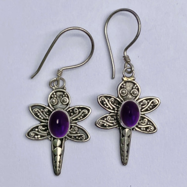 ER 10077 AM-(BALI 925 STERLING SILVER DRAGONFLY EARRINGS WITH AMETHYST)