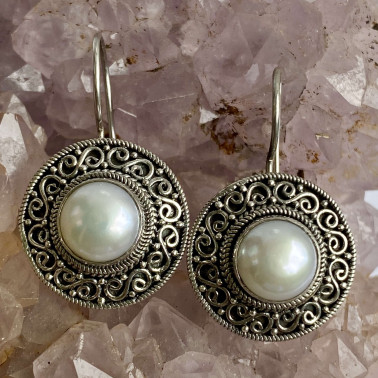 ER 11906 PL-(HANDMADE 925 BALI SILVER FILIGREE EARRINGS WITH PEARL)