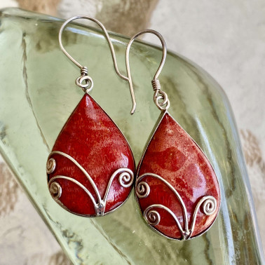 ER 12071 CR-(HANDMADE 925 BALI STERLING SILVER EARRINGS WITH CORAL)