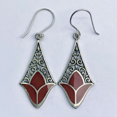 ER 12555 CR-(HANDMADE BALI 925 SILVER EARRINGS WITH RED CORAL)