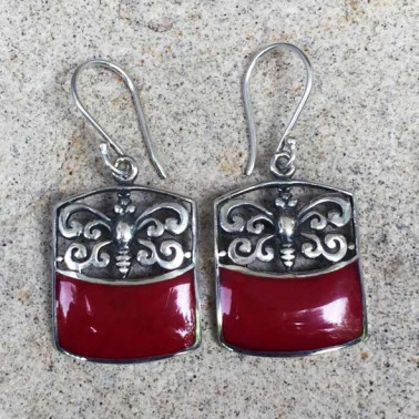ER 13241 CR-(925 BALI SILVER BUTTERFLY EARRINGS WITH CORAL)
