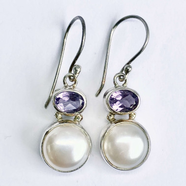 ER 13883 B-PL-AM-(925 BALI STERLING SILVER EARRINGS WITH PEARL - AMETHYST)