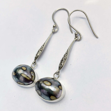 ER 14194 B-NT-(HANDMADE 925 BALI SILVER FILIGREE EARRINGS WITH SPOTTED NAUTILUS SHELL)