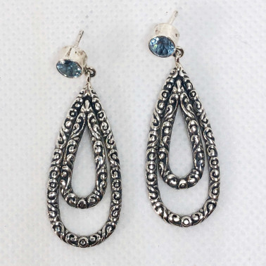 ER 14446 BT-(UNIQUE 925 BALI SILVER FILIGREE EARRINGS WITH TOPAZ)
