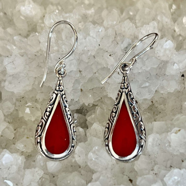 ER 14644 CR-(HANDMADE 925 BALI STERLING SILVER FILIGREE EARRINGS WITH CORAL)