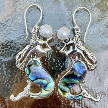ER 14796 AB-(UNIQUE 925 BALI SILVER MERMAID EARRINGS WITH ABALONE AND PEARL)