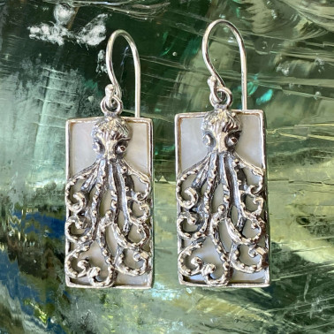 ER 14891 MP-Handmade Unique 925 Bali Silver Octopus Earrings with Mother Of Pearl