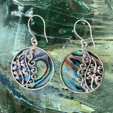 ER 14893 AB-Handmade Unique 925 Bali Silver Filigree Earrings with Abalone