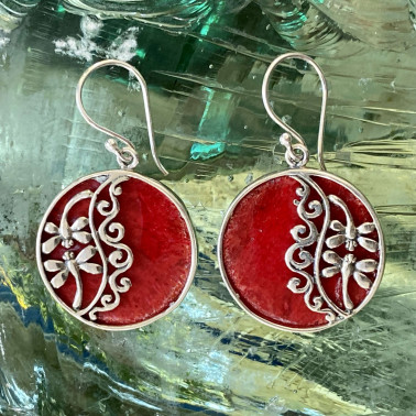 ER 14893 CR-Handmade Unique 925 Bali Silver Filigree Earrings with Coral