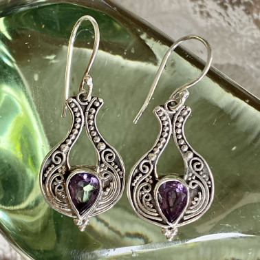 ER 15035 AM-(HANDMADE 925 BALI SILVER FILIGREE EARRINGS WITH AMETHYST)