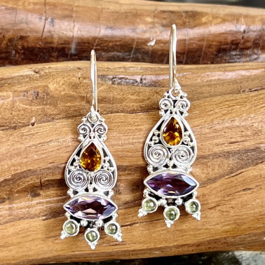 ER 15551 MX-(HANDMADE 925 BALI STERLING SILVER FILIGREE EARRINGS WITH MIX STONES)