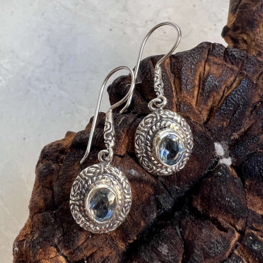 ER 15943 BT-(HANDMADE 925 BALI STERLING SILVER FILIGREE EARRINGS WITH TOPAZ)