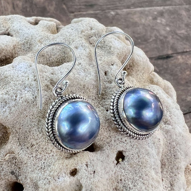 ER 15954 BMP-(HANDMADE 925 BALI DRAGONFLY STERLING SILVER EARRINGS WITH BLUE MABE PEARL)