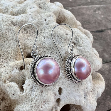 ER 15954 PMP-(HANDMADE 925 BALI DRAGONFLY STERLING SILVER EARRINGS WITH PINK MABE PEARL)