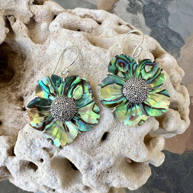 ER 15987 AB-(925 BALI STERLING SILVER FILIGREE EARRINGS WITH ABALONE)