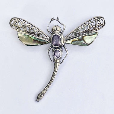 PD 08505 AB-AM-(HANDMADE 925 BALI SILVER DRAGONFLY PENDANT / BROOCH WITH ABALONE AND AMETHYST)