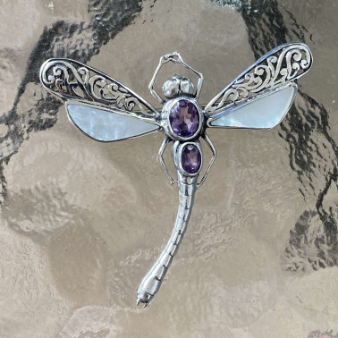 PD 08505 MP-AM-(HANDMADE 925 BALI SILVER DRAGONFLY PENDANT WITH CORAL AND AMETHYST)