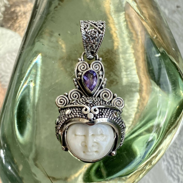 PD 08801 BN-AM-(HANDMADE 925 BALI SILVER BONE FACE PEANDANTS WITH AMETHYST)