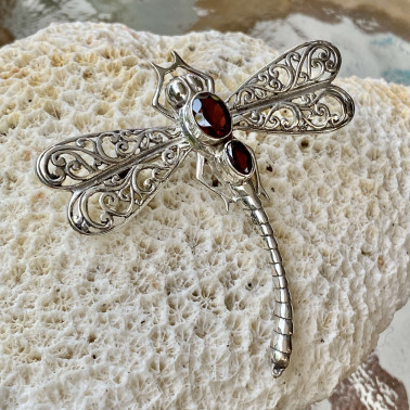 PD 09622 GR-(HANDMADE 925 BALI SILVER DRAGONFLY PENDANT / BROOCH WITH GARNET)