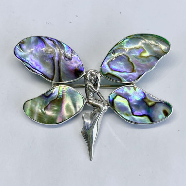 PD 10723 S-AB (SMALL)-(UNIQUE 925 BALI SILVER ANGEL BUTTERFLY BROOCH PENDANT WITH ABALONE)