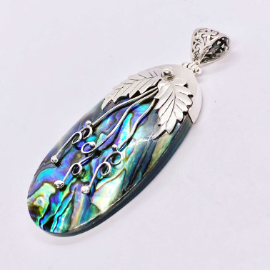 PD 12655 AB-(UNIQUE 925 BALI SILVER LEAVES PENDANT WITH ABALONE)