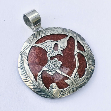 PD 12712 CR-(HANDMADE 925 BALI SILVER LOTUS FLOWER PENDANT WITH CORAL)
