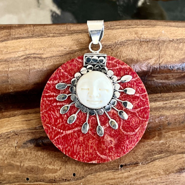 PD 13372 CR-(HANDMADE 925 BALI STERLING SILVER FILIGREE BONE PENDANTS WITH CORAL)
