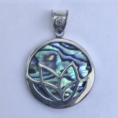 PD 14540 AB-(HANDMADE 925 BALI SILVER DAISY LOTUS PENDANT WITH ABALONE)