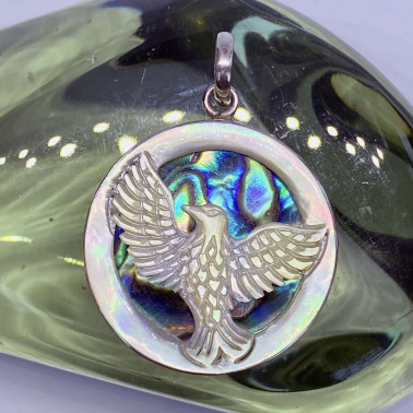 PD 14759 AB-(925 BALI SILVER HAND CARVING EAGLE SHELL PENDANT WITH ABALONE)