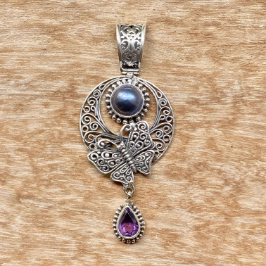 PD 15276 BPL-(HANDMADE 925 BALI SILVER BUTTERFLY PENDANTS WITH BLUE MABE PEARL, AMETHYST)