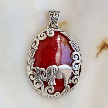 PD 15293 CR-(HANDMADE 925 BALI STERLING SILVER ELEPHANT PENDANTS WITH RED CORAL)