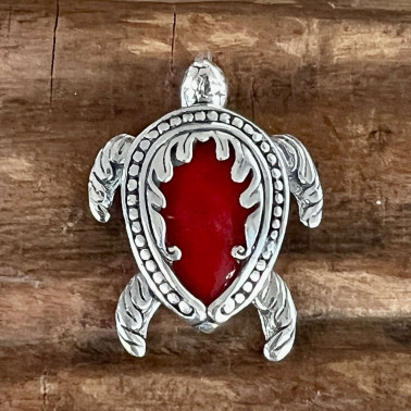 PD 15487 CR-(HANDMADE 925 BALI TURTLE STERLING SILVER FILIGREE PENDANTS WITH CORAL)
