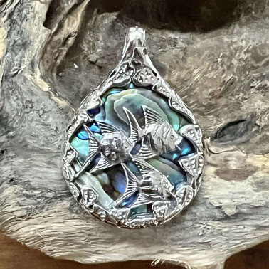 PD 15488 AB-(HANDMADE 925 BALI STERLING SILVER FISH REEF  PENDANTS WITH ABALONE)