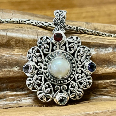 PD 15810-(HANDMADE 925 BALI STERLING SILVER FILIGREE PENDANT WITH MIX STONES)