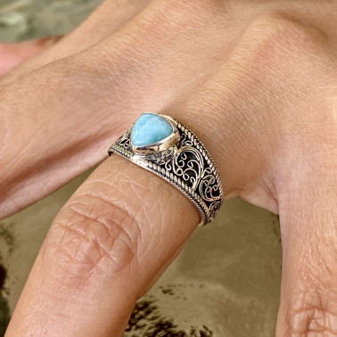 RR 15008 LR-HANDMADE 925 BALI STERLING SILVER FILIGREE RINGS WITH LARIMAR