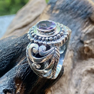 RR 15298 AM-(UNIQUE BALI 925 SILVER FILIGREE RING WITH AMETHYST)