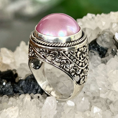 RR 15653 MBP-(HANDMADE 925 BALI STERLING SILVER FILIGREE RINGS WITH PINK MABE PEARL)